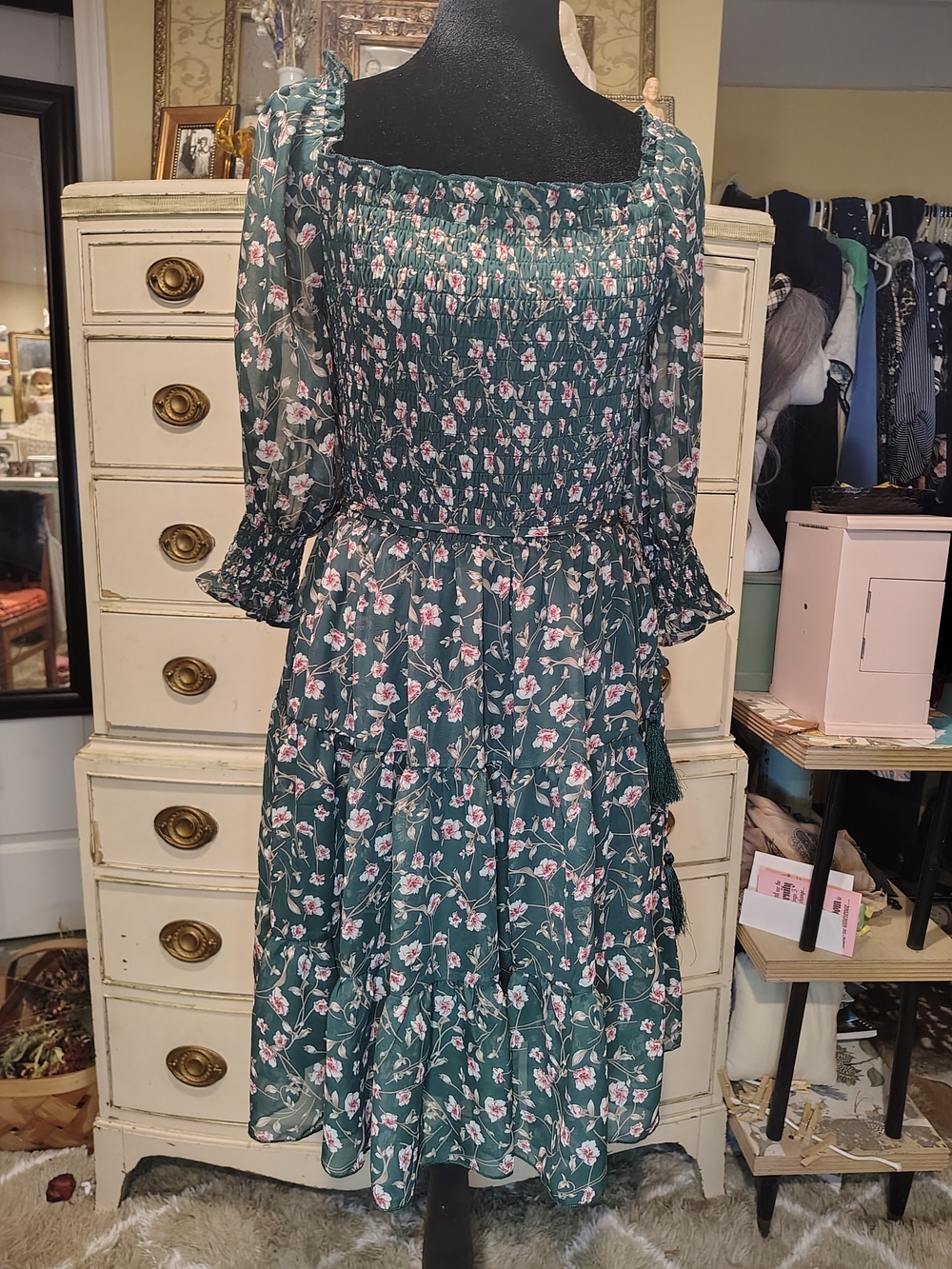 Baltic Born Teal Green Floral Smocked Midi Dress with Pink Blossoms Tassels